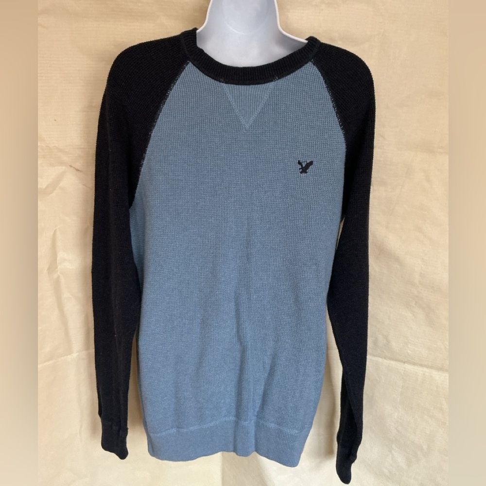 American Eagle Outfitters Men's Blue and Navy Crewneck Sweater